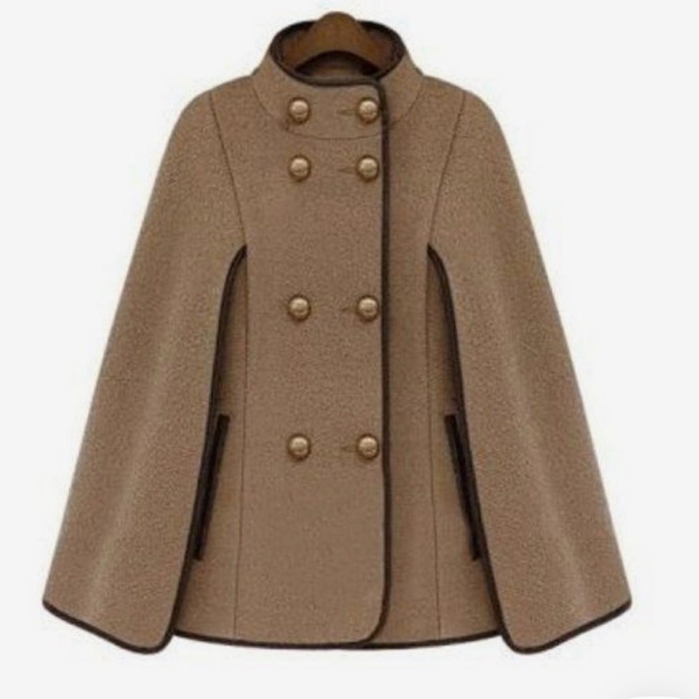 Women's Tan Cape Coat with Detachable Faux Fur Trim Hood - Picture 3 of 11